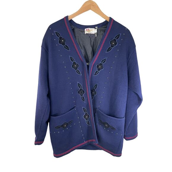 Vintage Women's Wool Coat Jacket Beaded Embroidered Floral Blue Floral Jinju - Picture 1 of 9